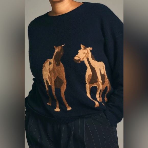Anthropologie Maeve Intarsia Horse Cashmere Navy Sweater Size XL NWT - Picture 6 of 8